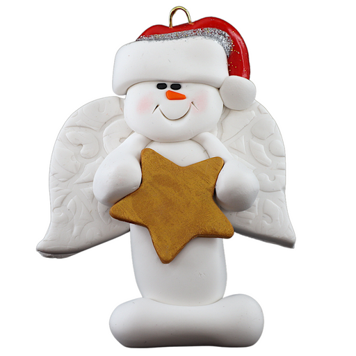 Ornament of white snowman in red hat with angel wings and a golden star.
