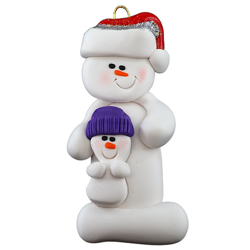 Ornament of white snowman in red hat holding smaller snowman.