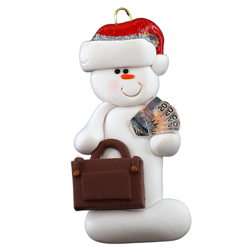 Ornament of white snowman in red hat holding a briefcase and paper bills.