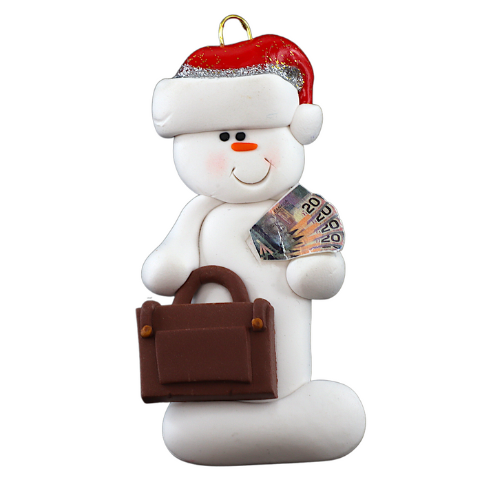 Ornament of white snowman in red hat holding a briefcase and paper bills.