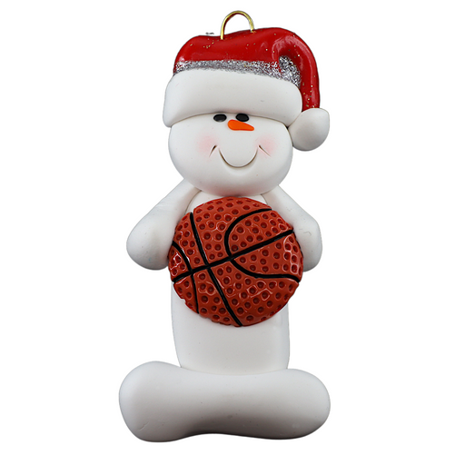 Ornament of white snowman in red hat holding a basketball.
