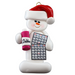 Ornament of white snowman in red hat holding a bingo card and dabber.