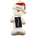 Ornament of white snowman in red hat holding black and white x-ray of a spine, personalized with name.
