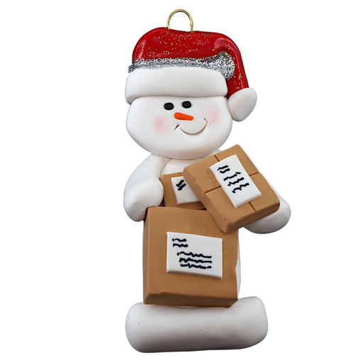 Ornament of white snowman in red hat holding several parcels.