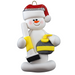 Ornament of white snowman in red hat holding yellow curling stone and broom.