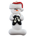 Ornament of white snowman in red hat holding black ballet shoes.