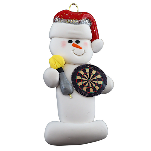 Ornament of white snowman in red hat holding dart board and one dart.