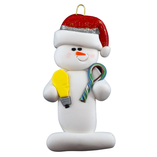 Ornament of white snowman in red hat holding a lightbulb and coil of wire.