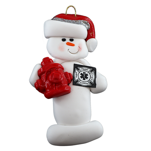 Ornament of white snowman in red hat holding a fire hydrant and firefighter badge.