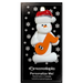 Ornament of white snowman in red hat holding an orange music note, on display backing card.