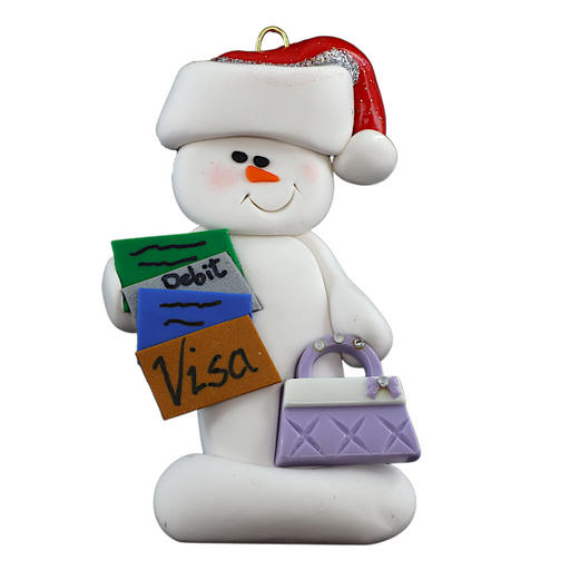 Ornament of white snowman in red hat holding a purse and various bank cards.