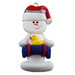 Ornament of white snowman in red hat holding a blue inflatable tube and yellow duck.