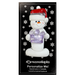 Ornament of white snowman in red hat holding purple plastic crown, on display backing card.