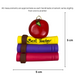 Stack of books and red apple teacher appreciation ornament, graphed to show size (5x5cm).