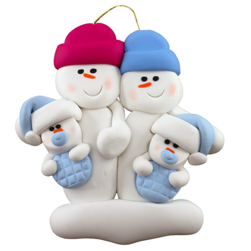 Family ornament with 2 large and 2 infant snowmen in blue.