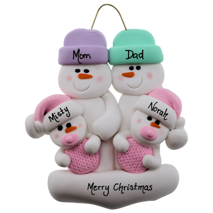 Twin Baby Snowman Family Christmas Ornament - Pink (New Colours)