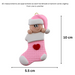 Ornament with infant head in a pink hat poking out of a pink stocking, graphed to show size (5.5x10cm).