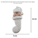 Ornament with infant head in a white glitter hat poking out of a white glitter stocking, graphed to show size (5x11cm).