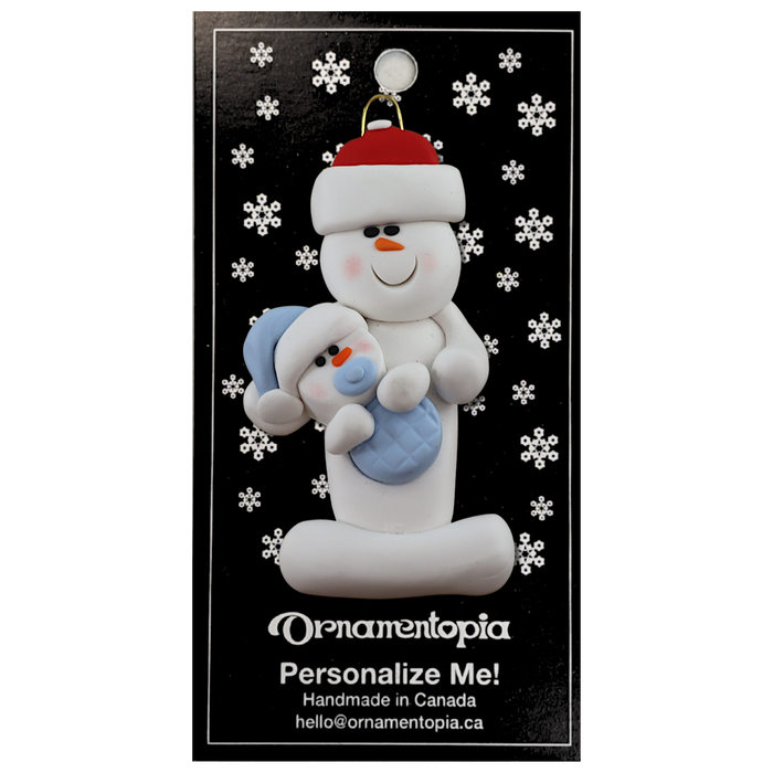 Family ornament with 1 large and 1 infant snowman in blue, on display backing card.