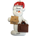 Ornament of white snowman in red hat holding briefcase and files, personalized with name.