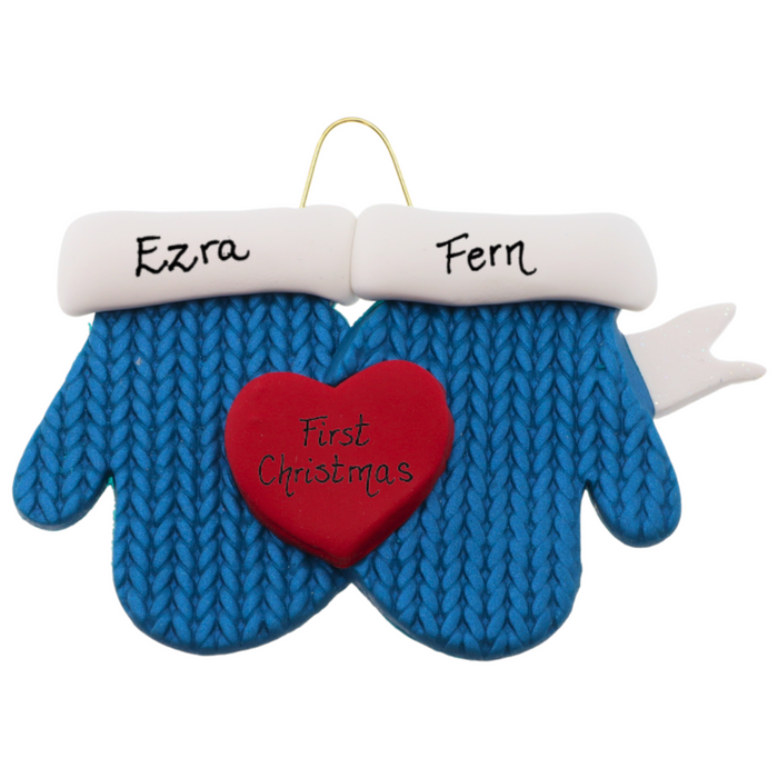 A couple’s ornament of two mittens cradling a heart, personalized with names.