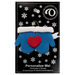 A couple’s ornament of two mittens cradling a heart, on display backing card.