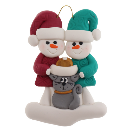 Ornament of snowman couple in red and green shirts and hats with grey cat in Christmas hat.