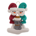 Ornament of snowman couple in red and green shirts and hats with grey cat in Christmas hat.
