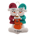 Ornament of snowman couple in red and green shirts and hats with a orange cat in Christmas hat, personalized with names.