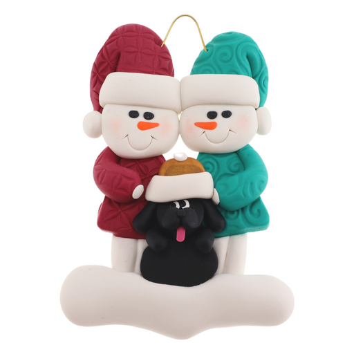 Ornament of snowman couple in red and green shirts and hats with black dog in Christmas hat.
