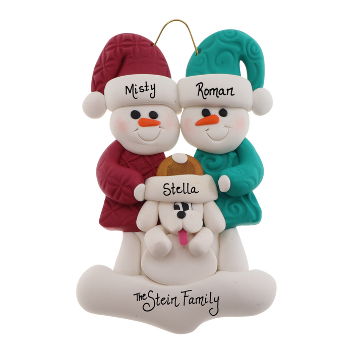 Ornament of snowman couple in red and green shirts and hats with white dog in Christmas hat, personalized with names.