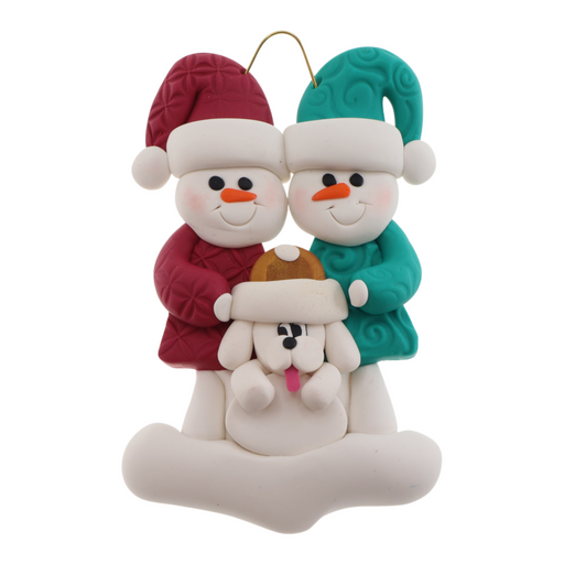 Ornament of snowman couple in red and green shirts and hats with white dog in Christmas hat.