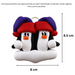 A couple’s ornament of two penguins in colourful hats, graphed to show size (8x8.5cm).