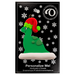 Green dinosaur wearing red festive hat ornament, on display backing card.