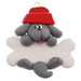 Ornament of grey dog in red hat hanging on a white bone.