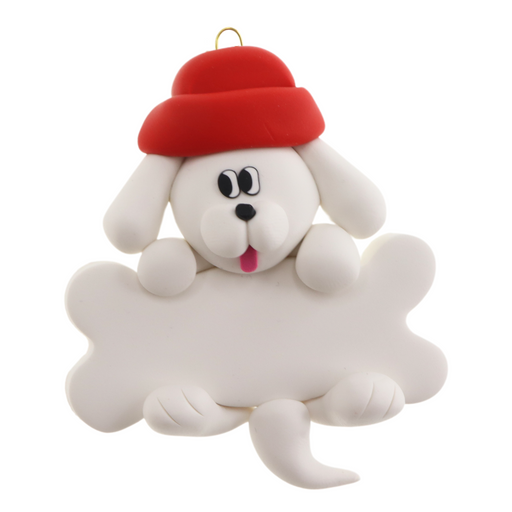 Ornament of white dog in red hat hanging on a white bone.