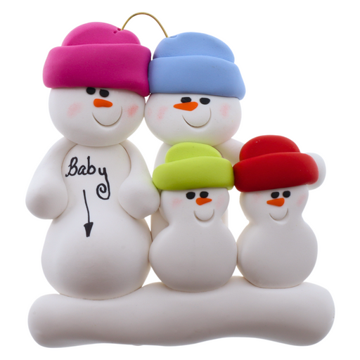 Family ornament with 4 snowmen in bright hats, one pregnant.