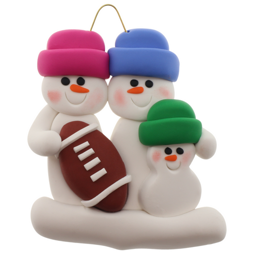 Family ornament with 3 white snowmen in bright hats with a football.