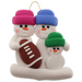 Family ornament with 3 white snowmen in bright hats with a football.