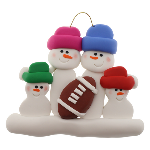 Family ornament with 4 white snowmen in bright hats with a football.