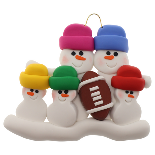 Family ornament with 5 white snowmen in bright hats with a football.