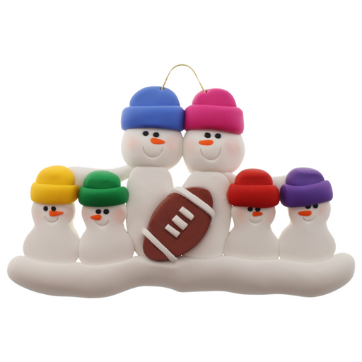 Family ornament with 6 white snowmen in bright hats with a football.