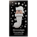 Ornament with infant head in a white glitter hat poking out of a white glitter stocking, on display backing card.