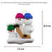 Family ornament with 3 white snowmen in bright hats, holding a hockey stick, graphed to show size (7.5x8.5cm).