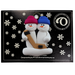 Family ornament with 2 white snowmen in bright hats, holding a hockey stick, on display backing card.