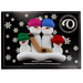 Family ornament with 4 white snowmen in bright hats, holding a hockey stick, on display backing card.