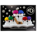 Family ornament with 6 white snowmen in bright hats, holding a hockey stick, on display backing card.