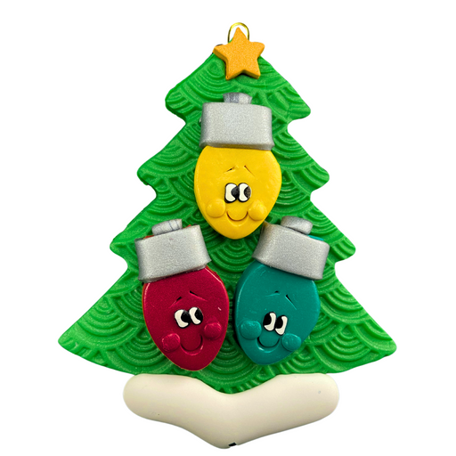 Christmas tree ornament decorated with 3 light bulbs with smiling faces.