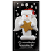 Ornament of white snowman in red hat with angel wings and a golden star, on display backing card.