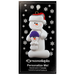 Ornament of white snowman in red hat holding smaller snowman, on display backing card.